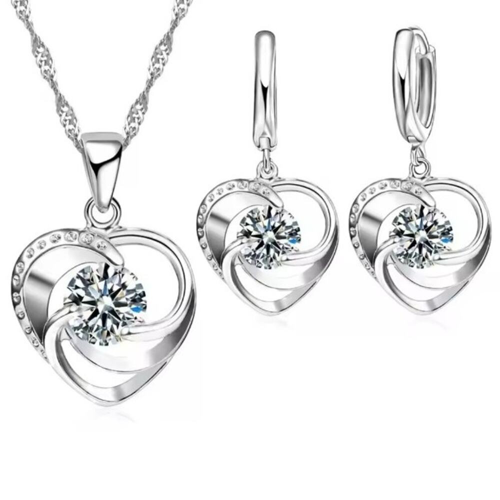 925 Sterling Silver Swirl Heart CZ Diamonds Necklace Earrings Set Valentines NEW